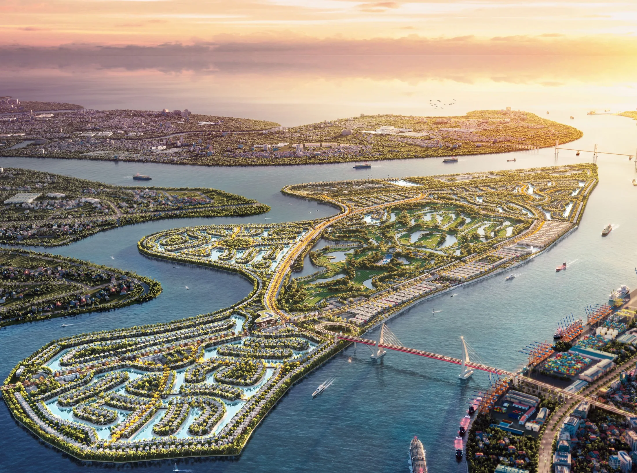 Phối cảnh 3D toàn cảnh Thành phố Đảo Hoàng Gia Vinhomes Royal Island trên đảo Vũ Yên
